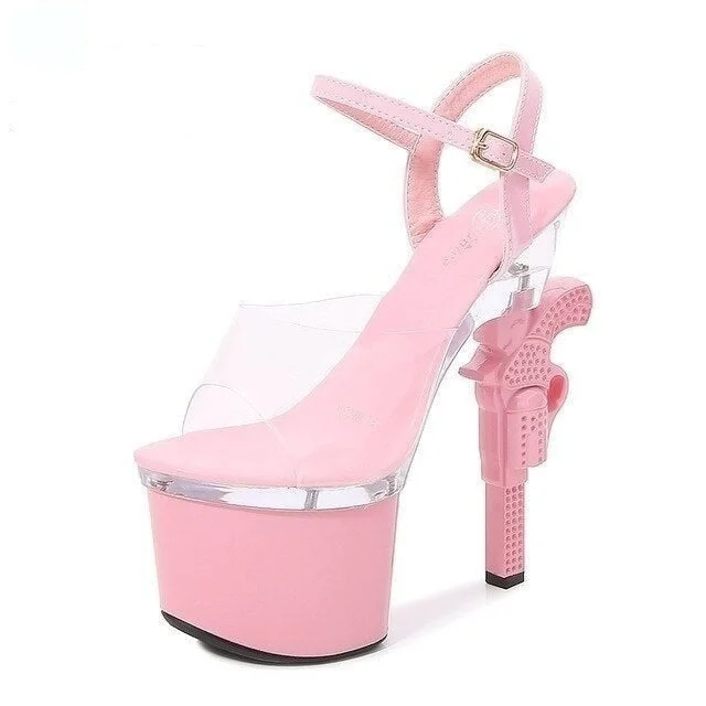 Sexy Pink Color Party Style Strange Transparent Pistol Heels Platform Sandals