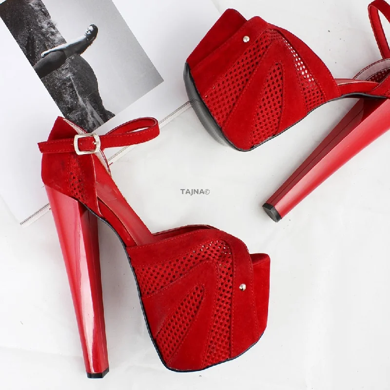 Red Suede Mesh Peep Toe Platform Heels