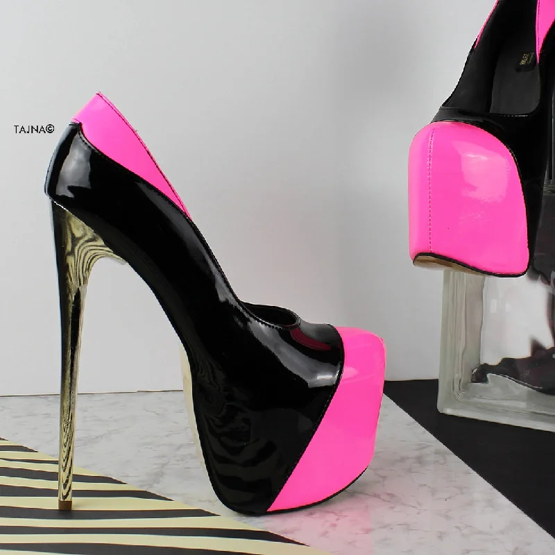 Neon Pink Black High Heel Platform Pumps