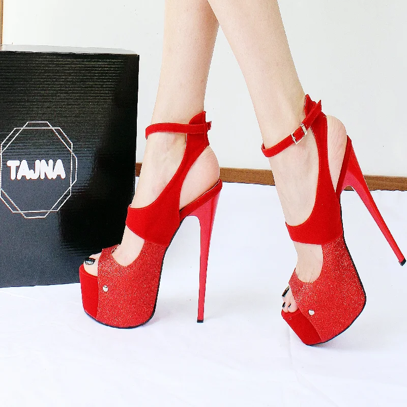 Shiny Red Faux Suede Peep Toe Platform Shoes