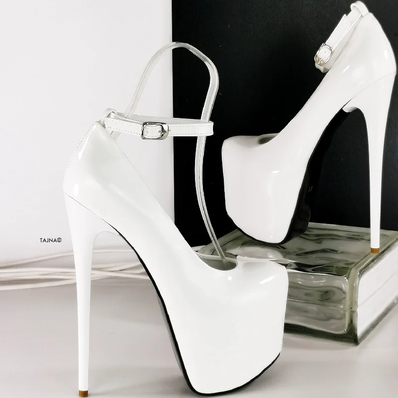 White Gloss Patent Ankle Strap Pencil Heels