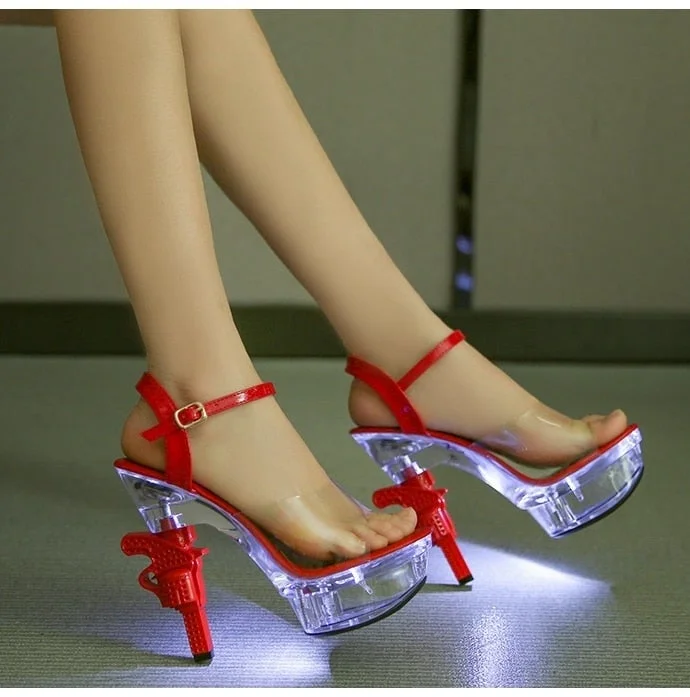 Sexy Pistol High Heel Pumps LED Glowing Rhinestones Women's PVC Platforms