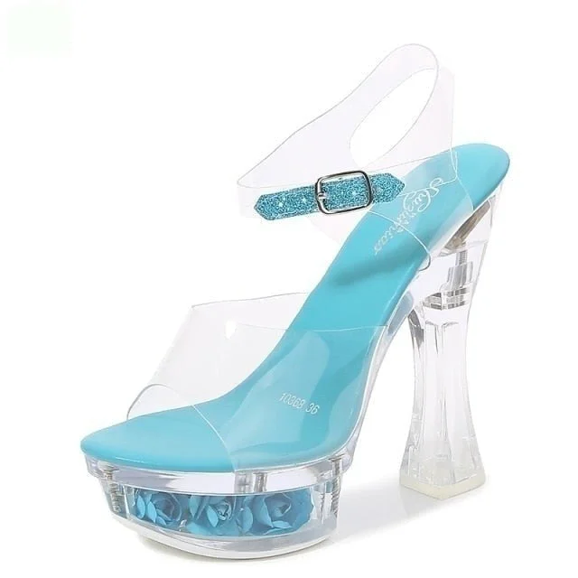 Women's Summer Style Glowing Transparent Floral High Platform Heels Pumps