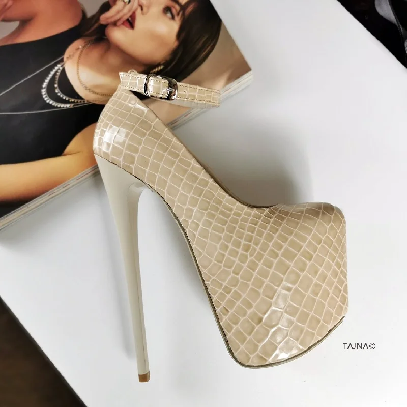 Cream Croco Ankle Strap Heels