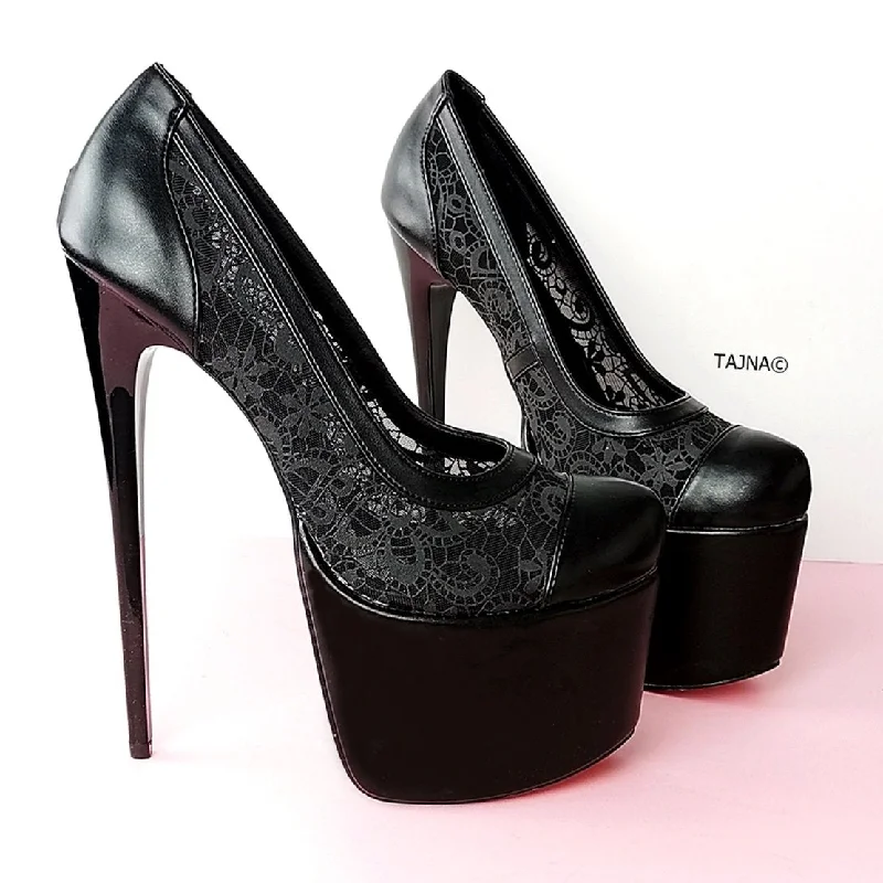 Matte Black Lace  Detail High Heel Pumps