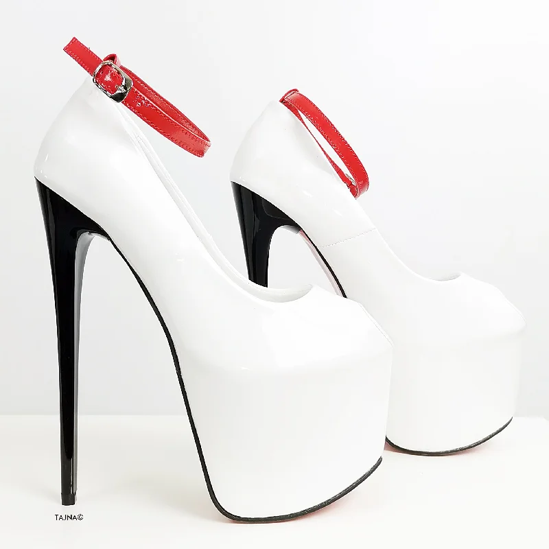 White Gloss Fishmouth Ankle Strap Heels