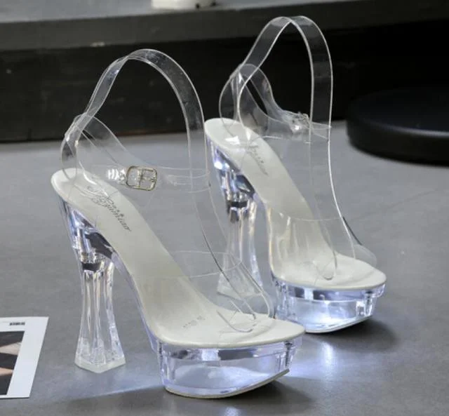 Women's Transparent Glowing Floral Pumps with Thick High Platform Heels