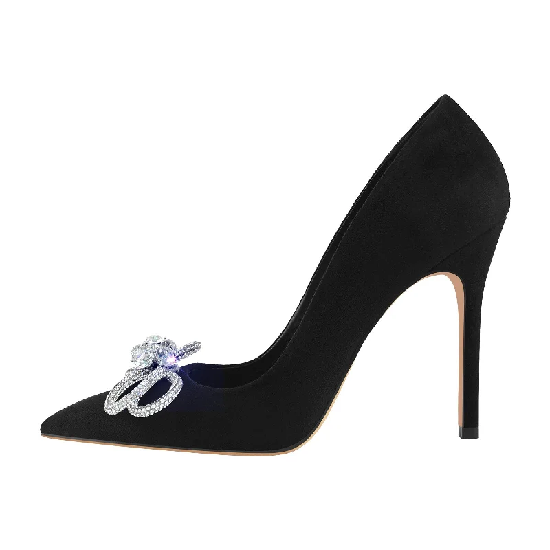 Rhinestone Bow Pointed Toe Black Suede Heels Stiletto Pumps