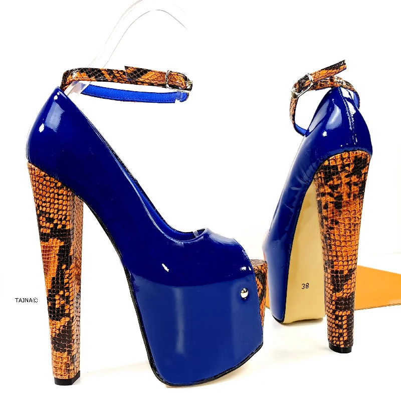 Genuine Leather Blue Orange Snake Detail Heels