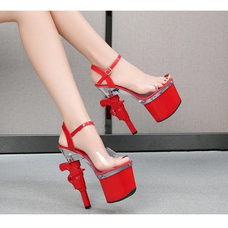 Sexy Summer Party Style Red Strange Transparent Pistol Heels Platform Sandals