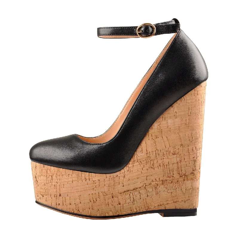 Wood Grain Platform Wedges Round Toe Buckle Strap Pumps