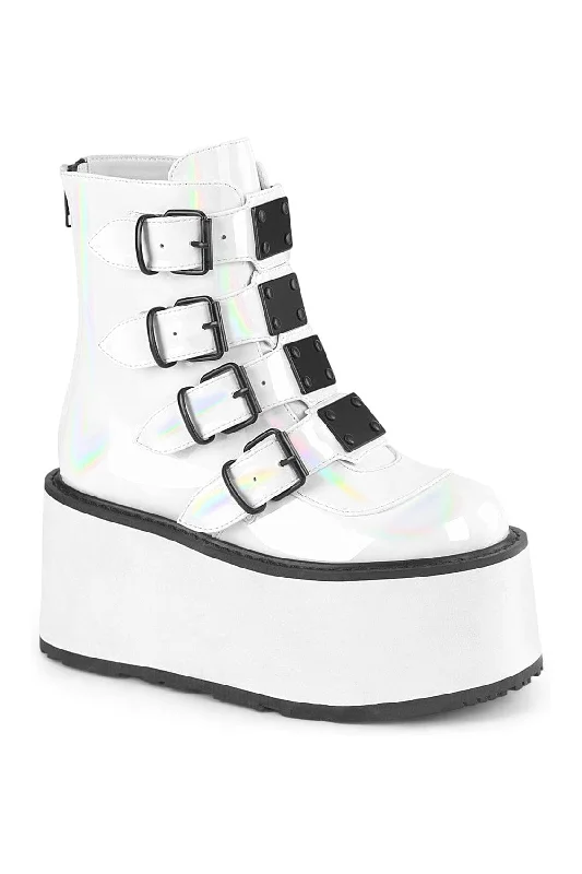 DAMNED-105 White Hologram Patent Ankle Boot