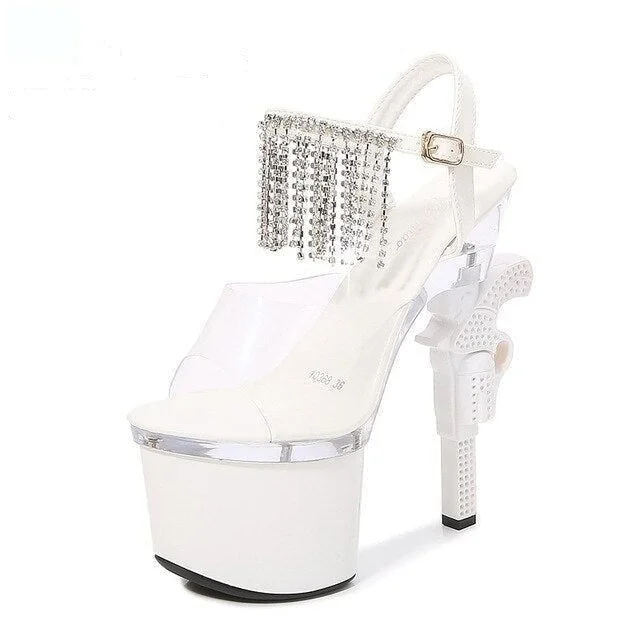 Sexy White Party Style Strange Transparent Pistol Heels Platform Sandals