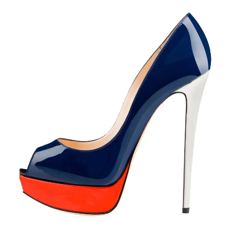 Retro Blue Peep Toe Stiletto Pumps with Red Platform