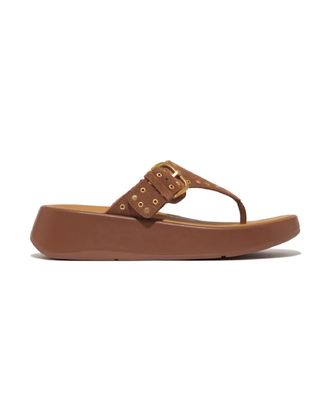 Fitflop F-Mode Buckle Stud Suede/Leather Flatform Toe Post Brown