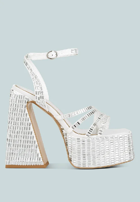 Lustrous Mirror Embellished Flare Block Heel Sandals