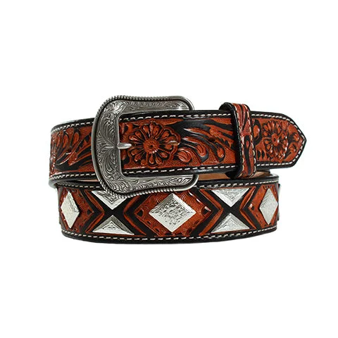 3-D Men's Brown Floral Tooled Belt with Diamond & Triangle Shaped Conchos