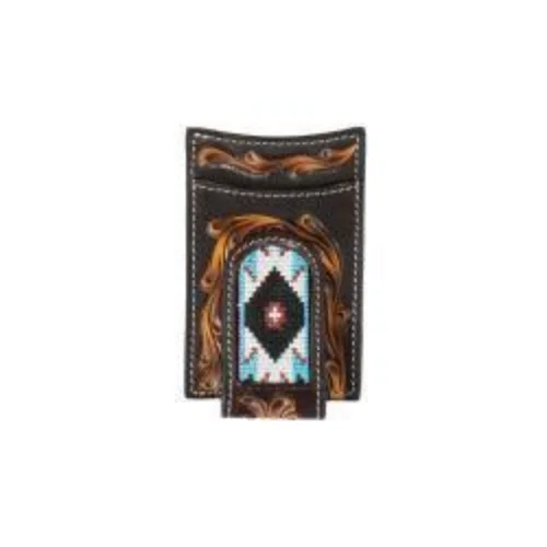 3D Brown Floral Tooled Money Clip with Embroidered Inlay