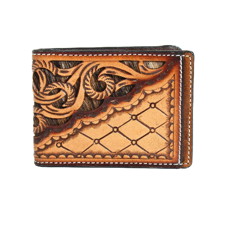 3D Tan Tooled Bifold Money Clip with Calf Hair Underlay