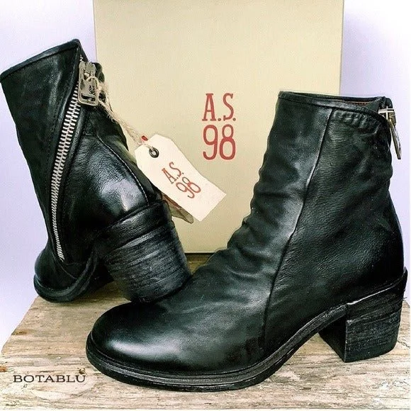 A.S.98 Jase Black Leather Zippered Ankle Bootie Boots