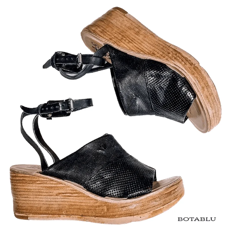 A.S.98 Niall Platform Wedge Strappy Black Leather Sandals