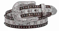 Angel Ranch Brown Belt with White Lace Inset Trimmed in Silver Studs & Crystals