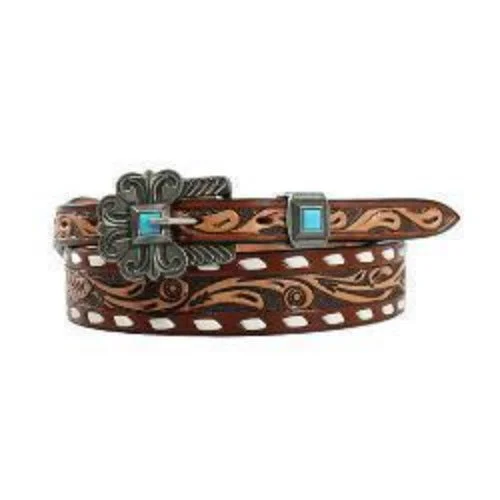 Angel Ranch Brown Floral Tooled Tapered Belt with Buck Lace & Buckle with Turquoise Stones