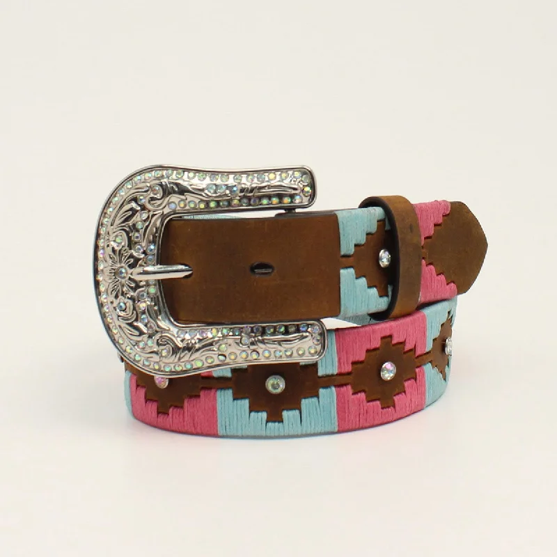 Angel Ranch Girls Brown Belt with Pink/Turquoise Laced Southwest Pattern