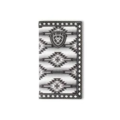 Ariat Black Leather Rodeo Wallet with Black/White Southwest Pattern Fabric Front