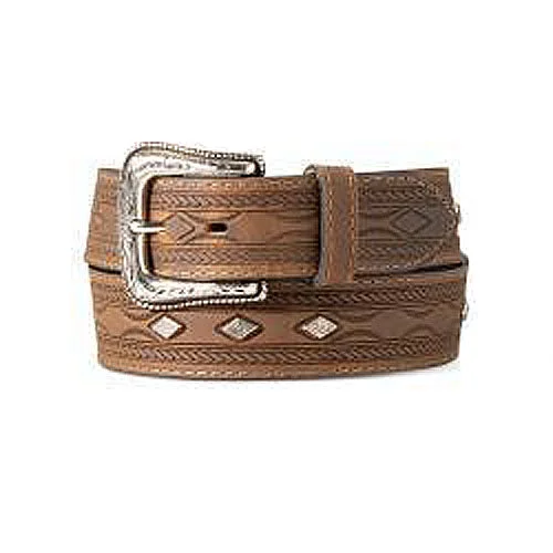 Ariat Brown Aztec Pattern Tooled Belt with Silver Diamond Shaped Conchos