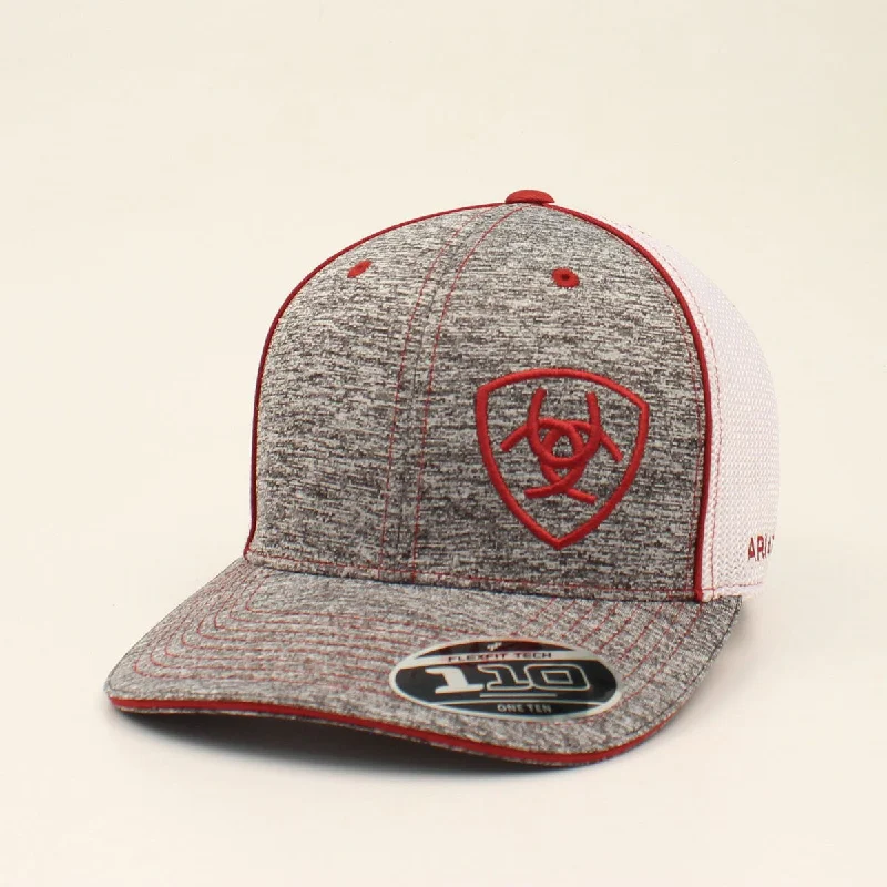 Ariat Heather Grey Flexfit 110 Ballcap with Burgundy Offset Logo Shield