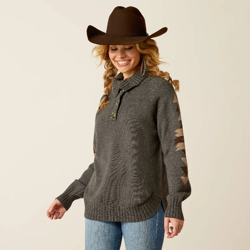 Ariat Ladies Heather Grey Madison Sweater with Southwest Pattern on Sleeves