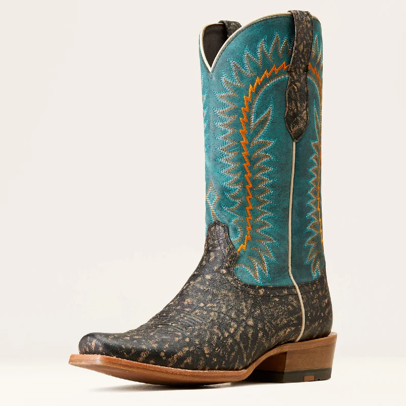 Ariat Men's Distressed Charcoal Elephant Print Futurity Time Blunt Toe Cowboy Boots with Turquoise Tops