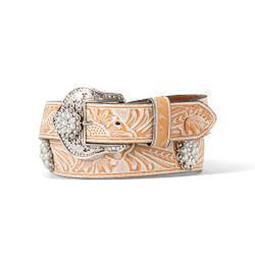 Ariat Tan/White Washed Floral Embossed Belt with Clear Crystal & Pearl Conchos