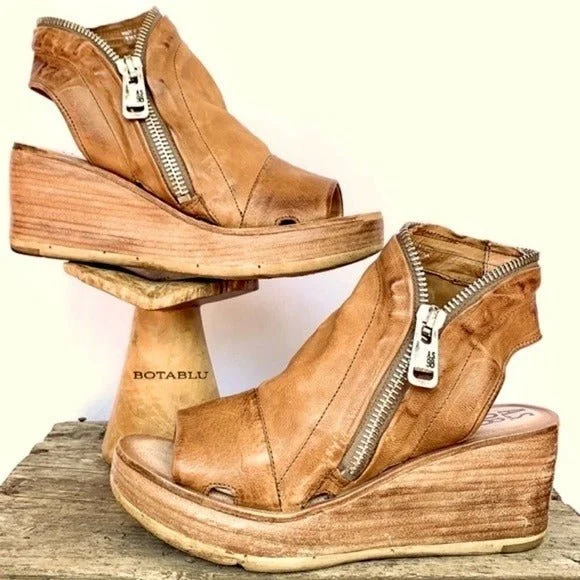 A.S.98 Naylor Wedge Platform Camel Tan Leather Zippered Sandals