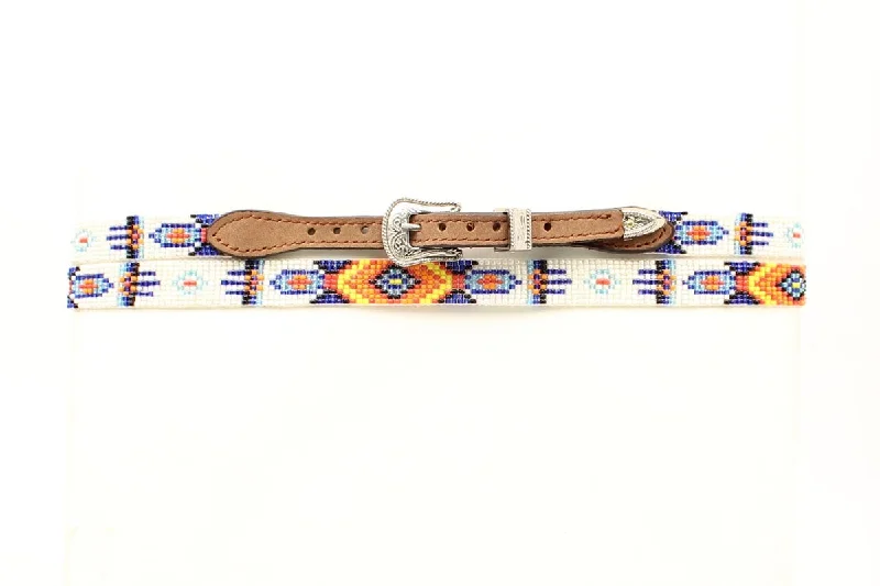 Bright Orange/Blue/White Beaded Southwest Pattern Hatband with Silver Buckle