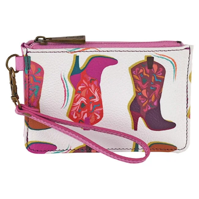 CatchFly White/Pink Vintage Boots Print Mini Wallet with Wristlet