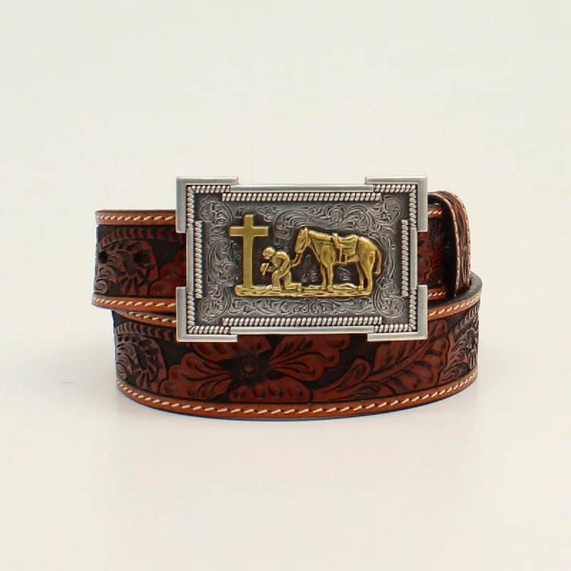 Children's 3D Brown Floral Tooled Belt with Rectangle Praying Cowboy