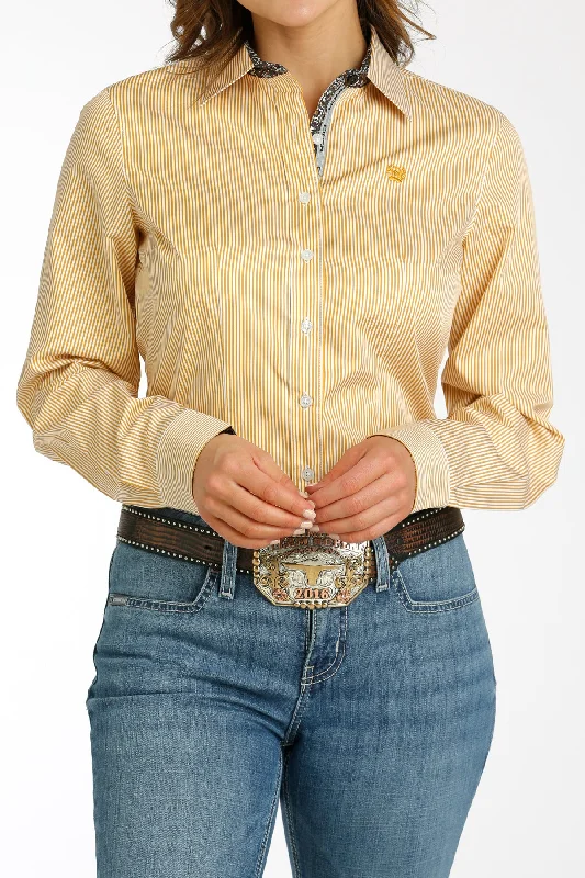 Cinch Women's TENCEL Gold/Cream Pinstripe Button-Down Blouse