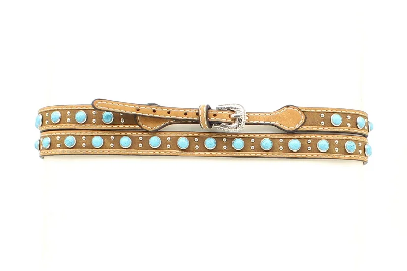 Distressed Medium Brown Adjustable Leather Hatband with Round Turquoise Stones & Silver Studs