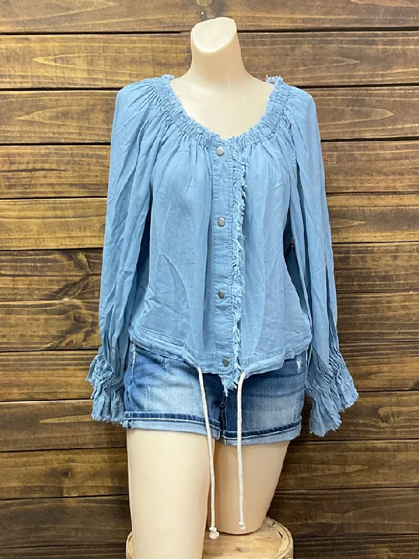 Fate FT4981 Womens Frayed Edge Off Shoulder Top Light Denim