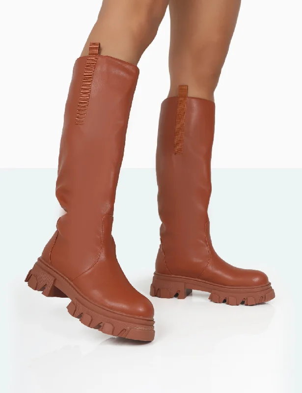 Genius Tabacco Tan Pu Knee High Chunky Sole Boots