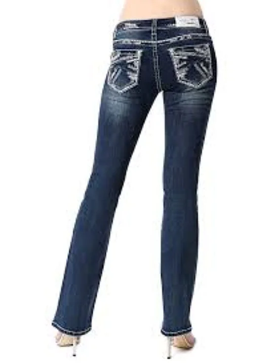 Grace In LA JB-51372 Womens Stitched Embellished Bootcut Jeans Dark Wash