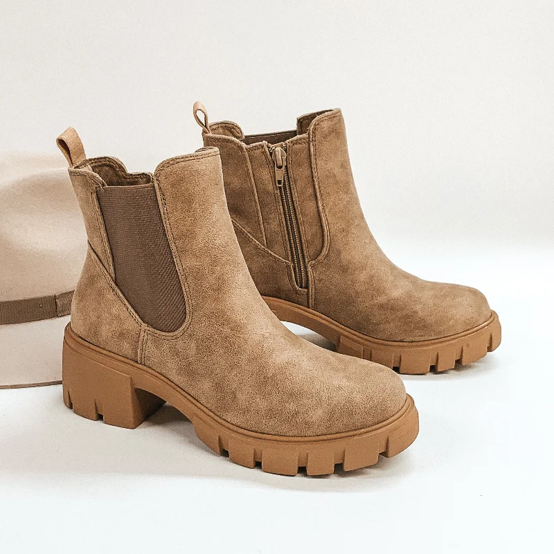 Very G | Coffee Shop Date Heeled Booties in Taupe