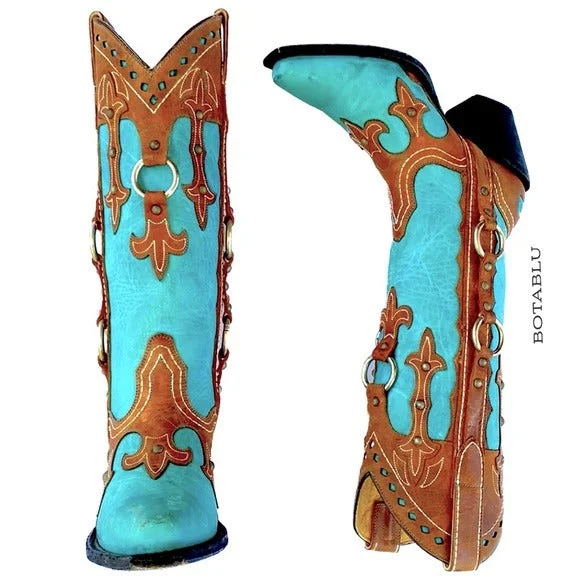 J.B. DILLON Turquoise Brown Leather Studded Tall Knee High Cowgirl Western Boots