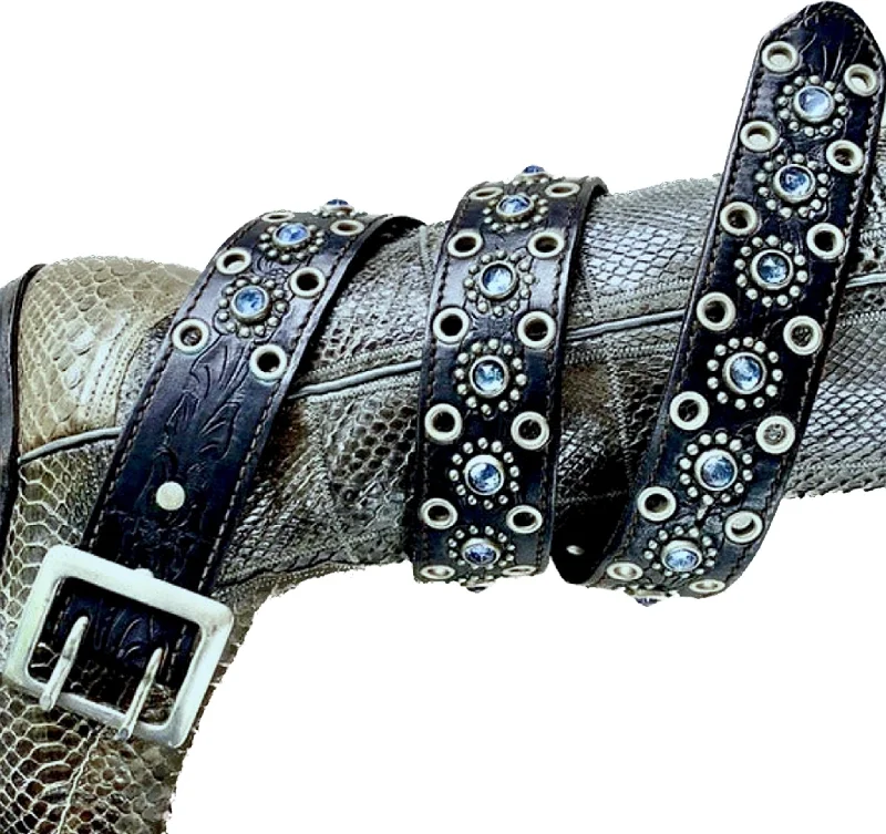 JO-ED Tooled Black Leather Blue Crystal Studded Belt