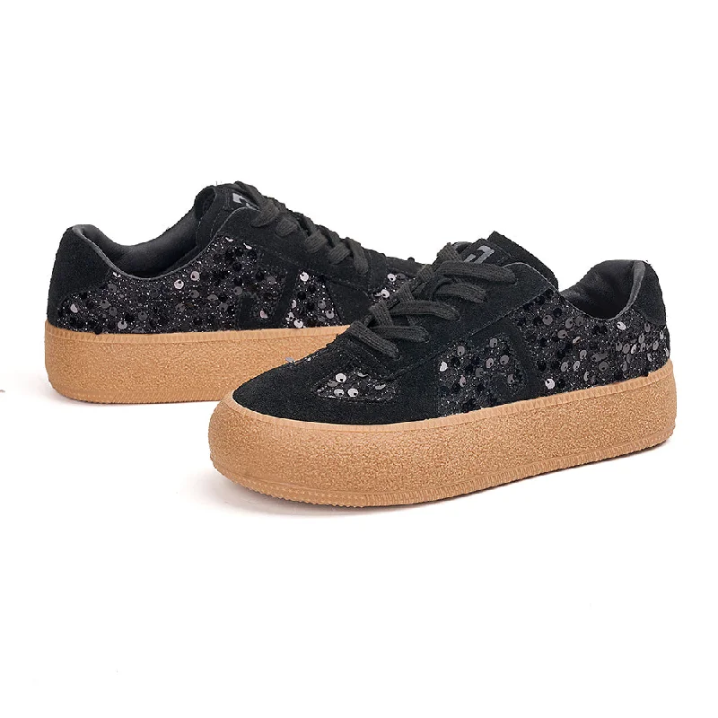 Women’s Lace-up Cow Suede and Sequins German Army Platform Trainers-83571W