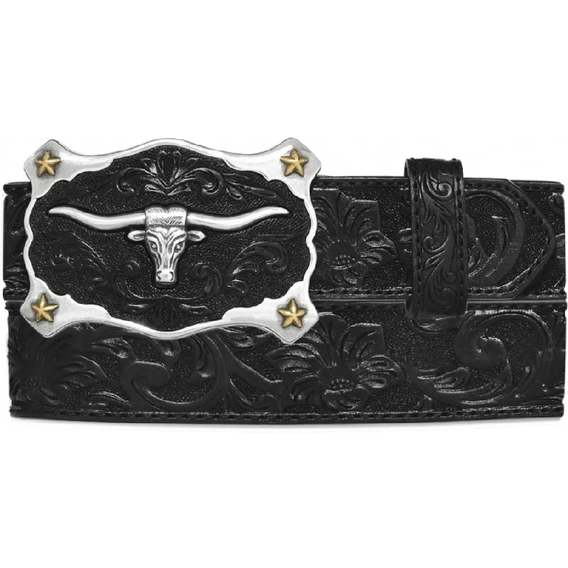 Justin Black Floral Tooled Belt with Black/Silver Longhorn Buckle