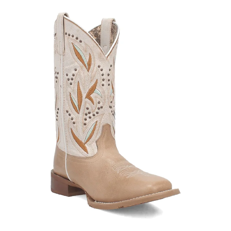 Women's Laredo Sand/White Lydia Broad Square Toe Western Boots With Embroidered & Nail Head Accents on the Tops