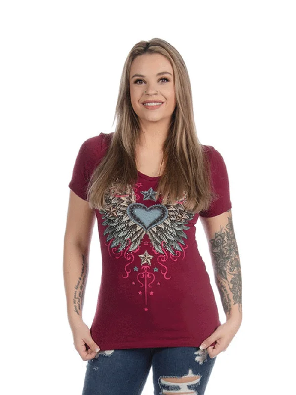 Liberty Wear 7154 Womens Vintage Wings & Stars Graphic Top Burgundy